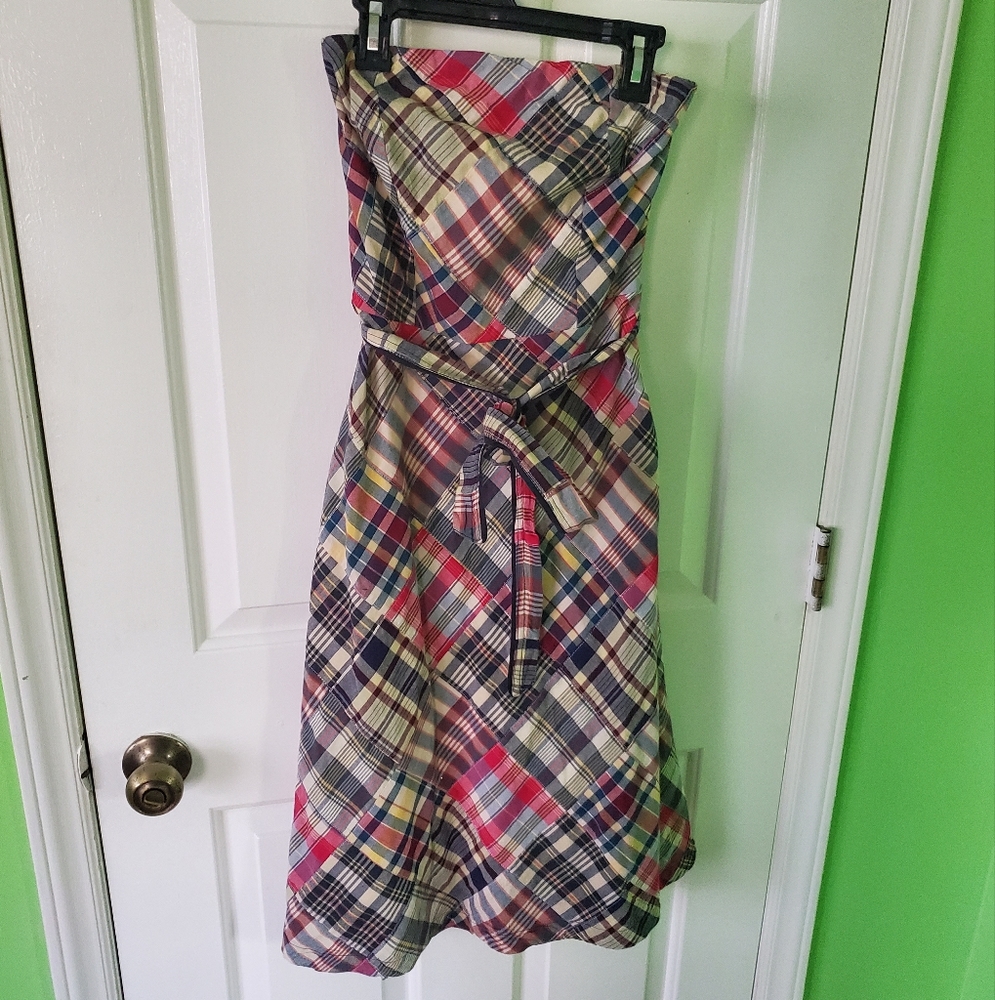 American Eagle patchwork plaid cotton midi dress strapless cottagecore size 2